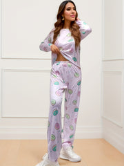 Donut Print Pajama Set Long Sleeve Crew Neck Top & Elastic Waistband Pants Women