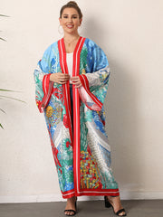 Boho Kimono Women's Plus Colorblock Print Long Sleeve Cover Up