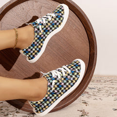 Women's Colored Houndstooth Canvas Shoes Lace Up Flat Sneakers