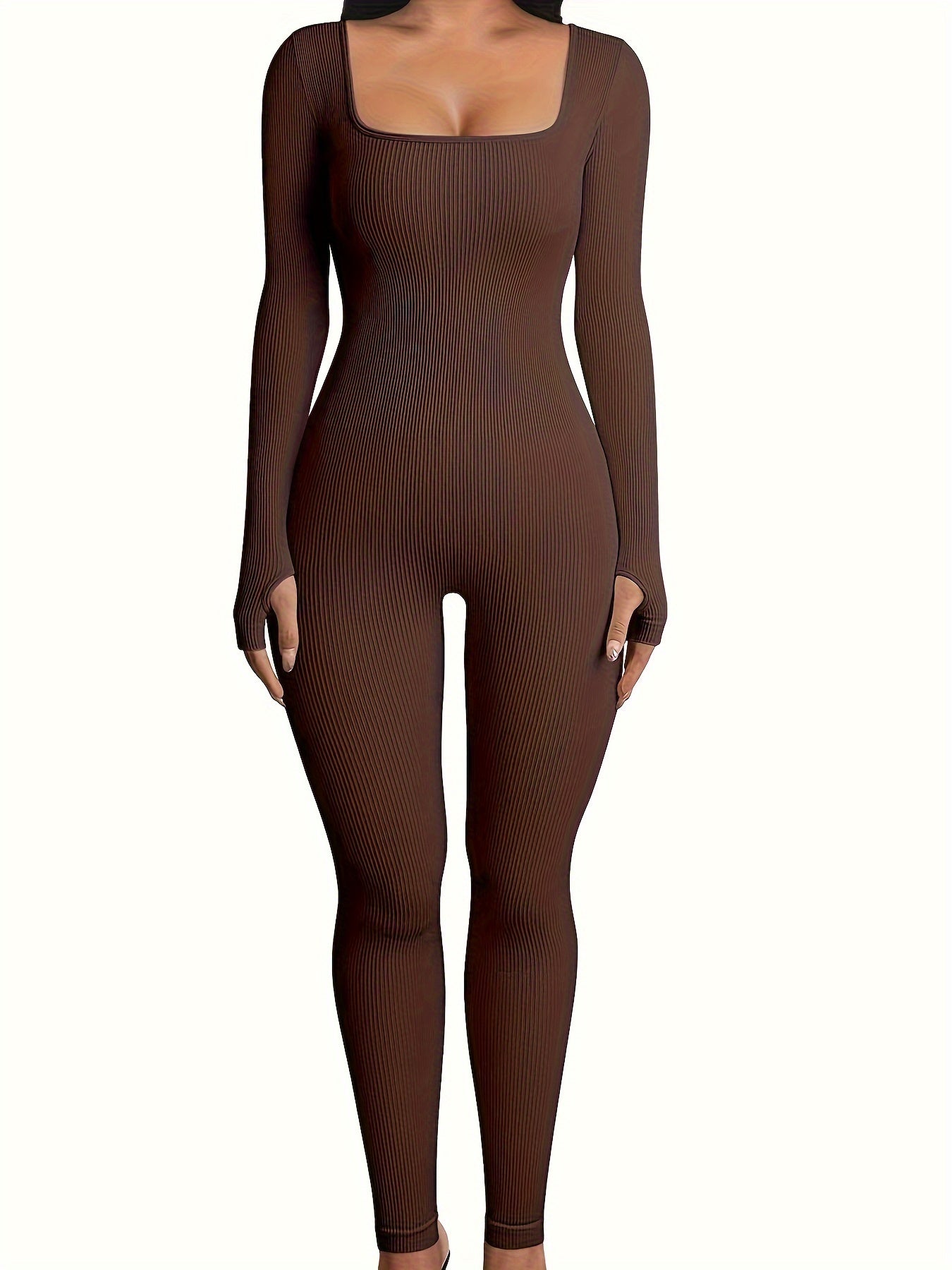 Rib Knit Yoga Jumpsuit Square Neck Bodysuit