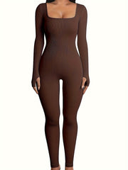 Rib Knit Yoga Jumpsuit Square Neck Bodysuit