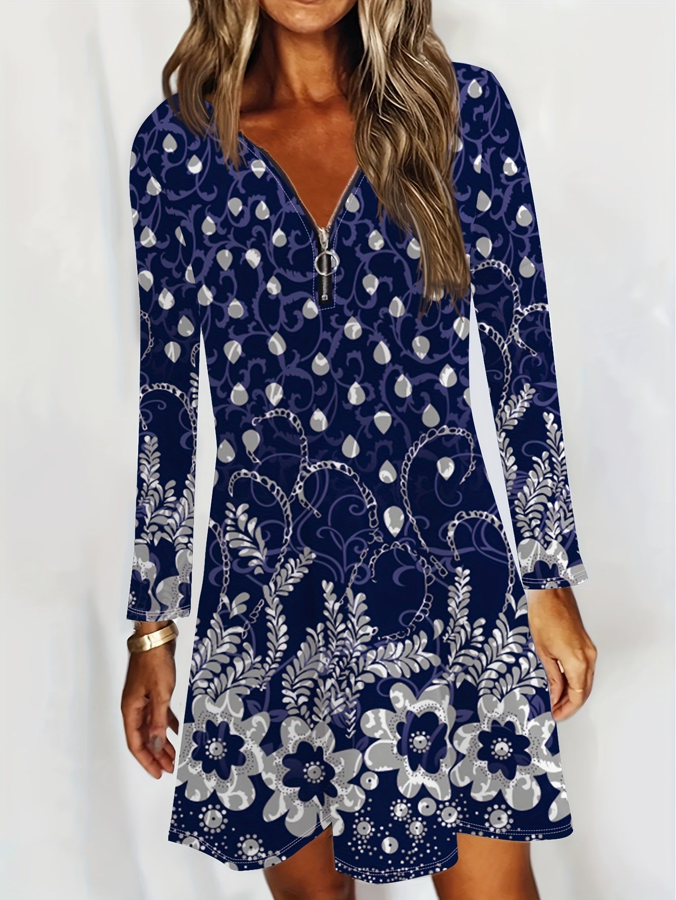 Floral Print Half Zipper Long Sleeve Round Neck A-line Dress
