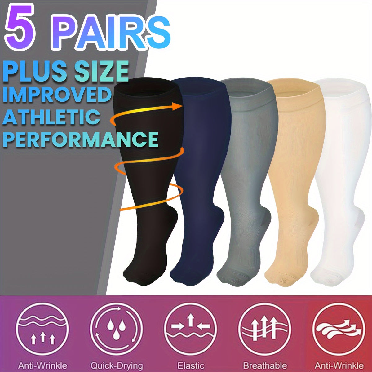 5 Pairs Plus Size Compression Socks For Women & Men Circulation 15 20 MmHg