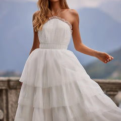 Polka Dot Halter Neck Wedding Dress Sleeveless Backless Tiered Dress