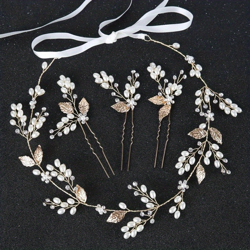 Girl's Pearl Leaf Hairband Golden Hairpin Set Bridal Headwear Hair Accessories