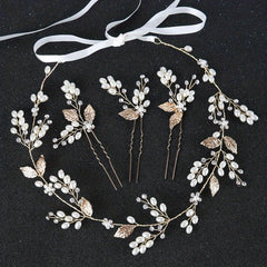 Girl's Pearl Leaf Hairband Golden Hairpin Set Bridal Headwear Hair Accessories