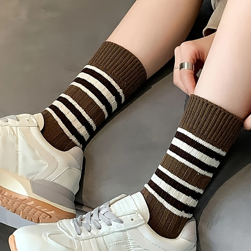 3 Pairs Striped Socks Soft Mid Tube Women's Stockings