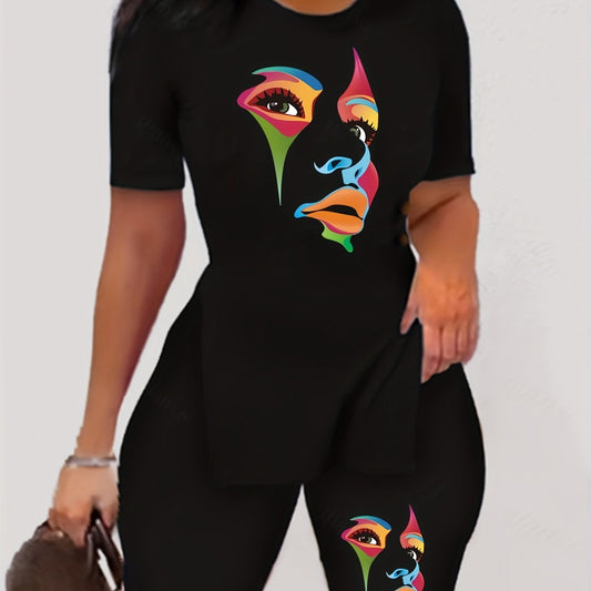 Character Print Casual Two Piece Set T shirt & Slim Shorts Women's Clothing