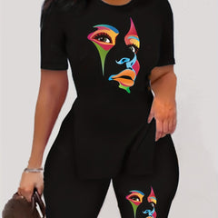 Character Print Casual Two Piece Set T shirt & Slim Shorts Women's Clothing