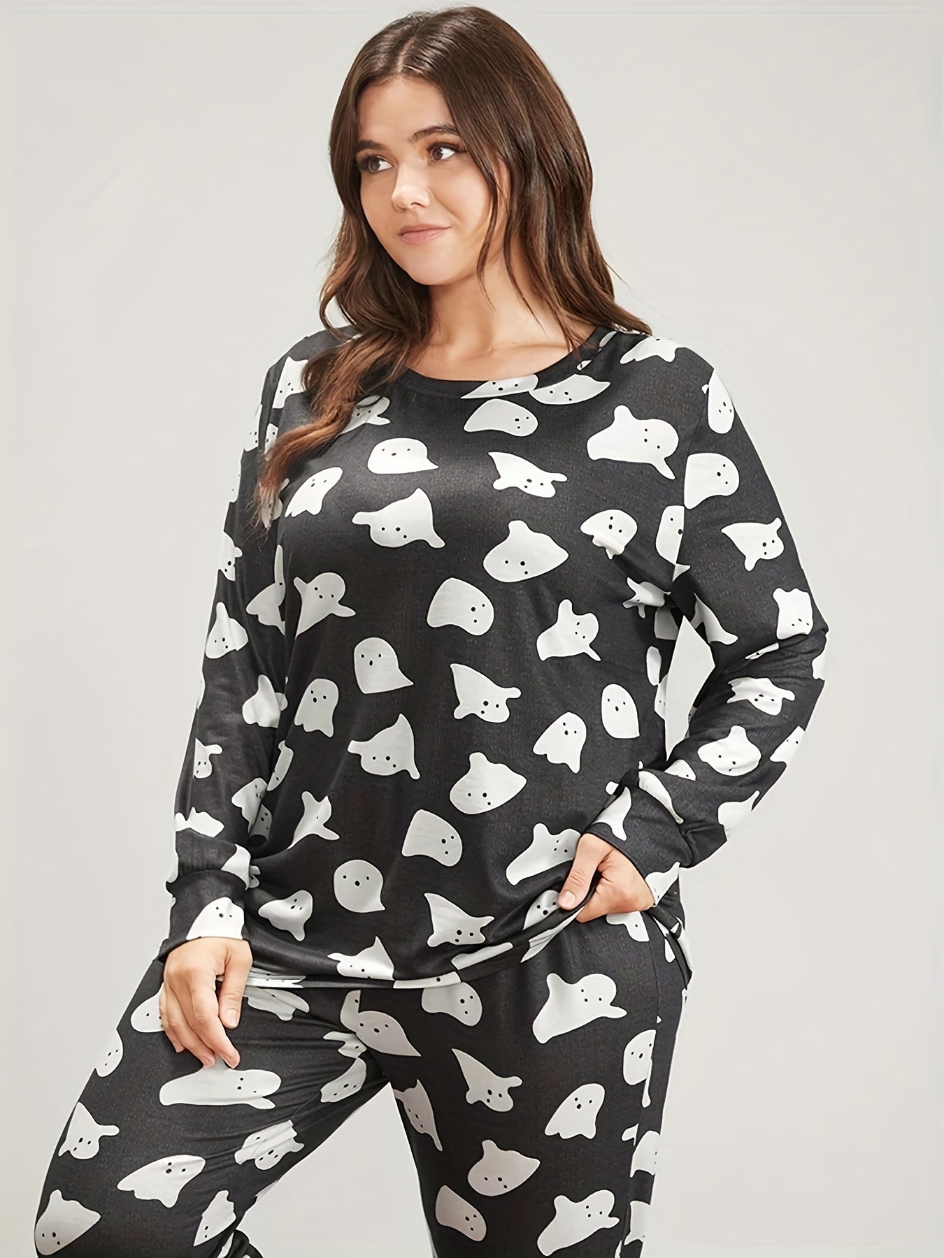 Women's Plus Ghost Print Lounge Set Long Sleeve Tee & Pants Two Piece