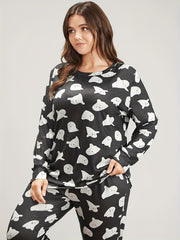 Women's Plus Ghost Print Lounge Set Long Sleeve Tee & Pants Two Piece