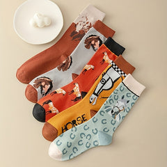 Cartoon Horse Print Socks Comfy & Funny Mid Tube Socks Women's Stockings