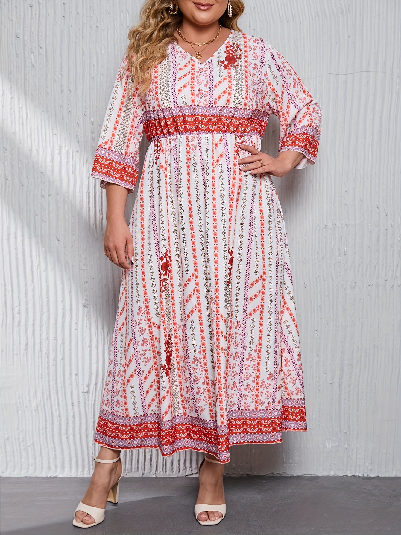 Women's Plus Size Kaftan Dress Floral & Geometric Print V Neck Maxi