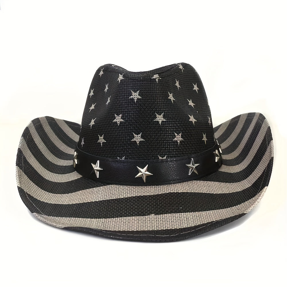 Vintage Flag Cowboy Hat Classic Western Style Sun Hat Unisex Straw Cowgirl Hat