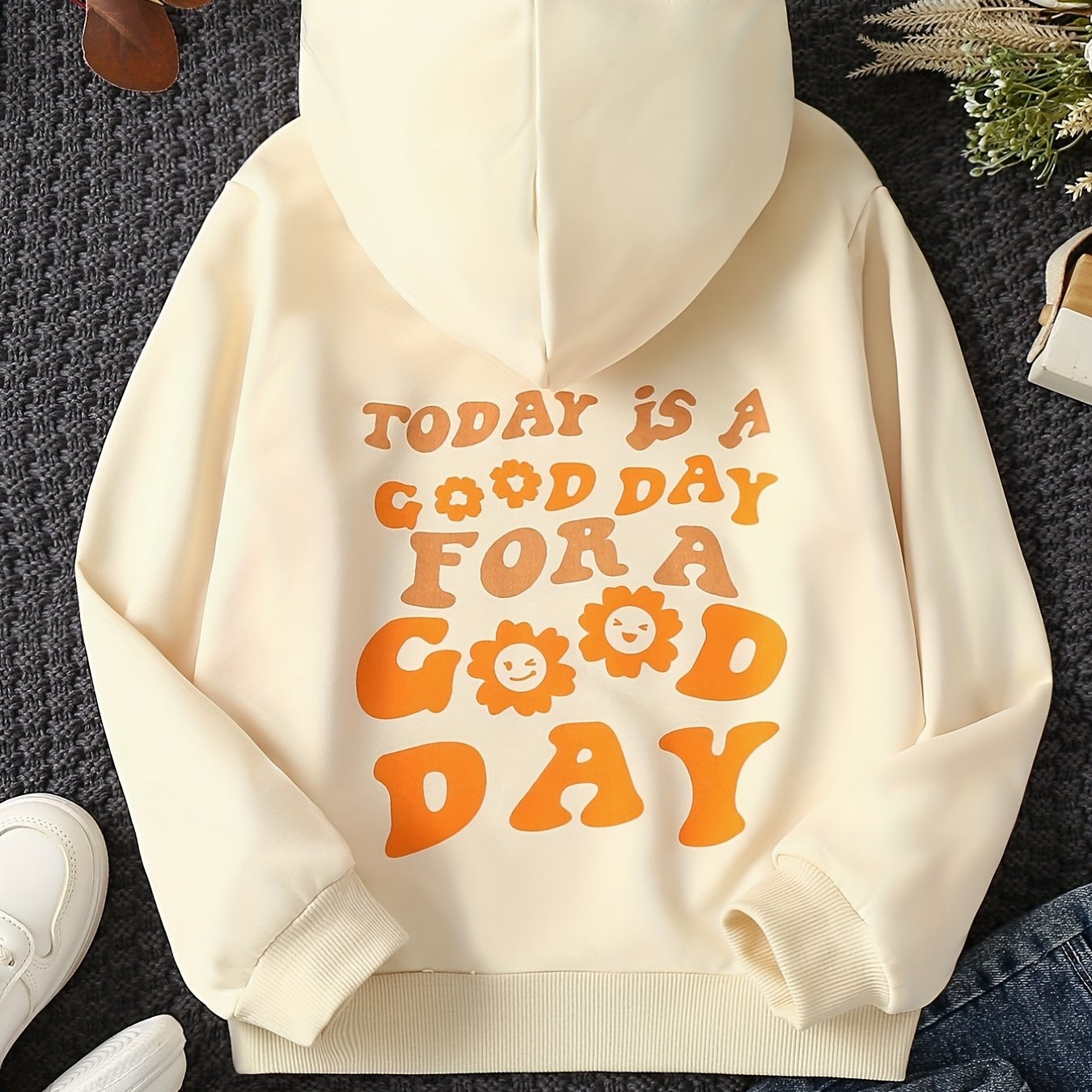 Girls Smile & Flower Graphic Hooded Sweatshirt Long Sleeve Hoodies Pullover Tops