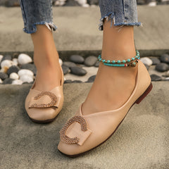 C Buckle Flats Square Toe Slip On Leather Ballet Shoes