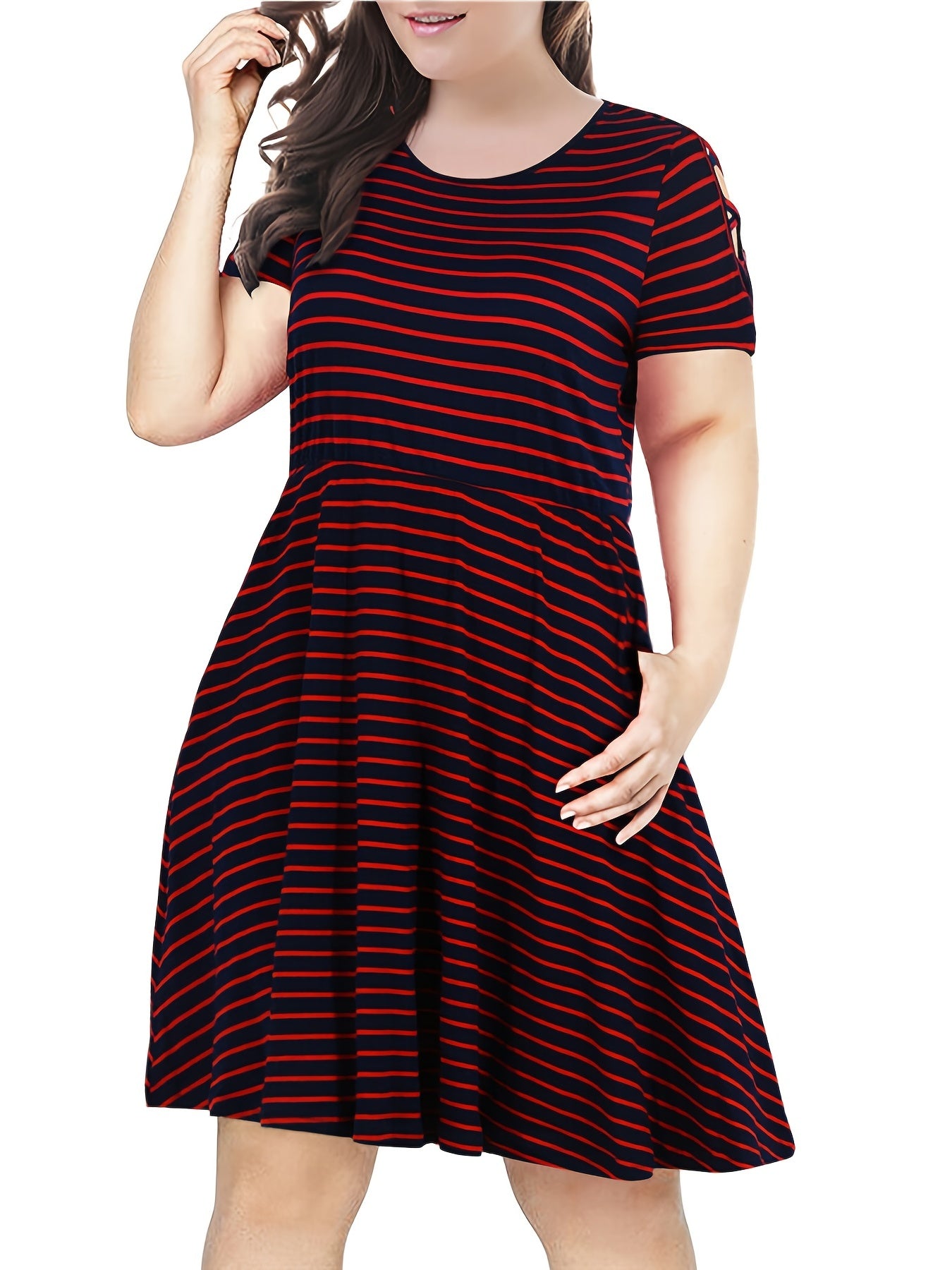 Strip Print Criss Cross Short Sleeve Midi Dress Women's Plus