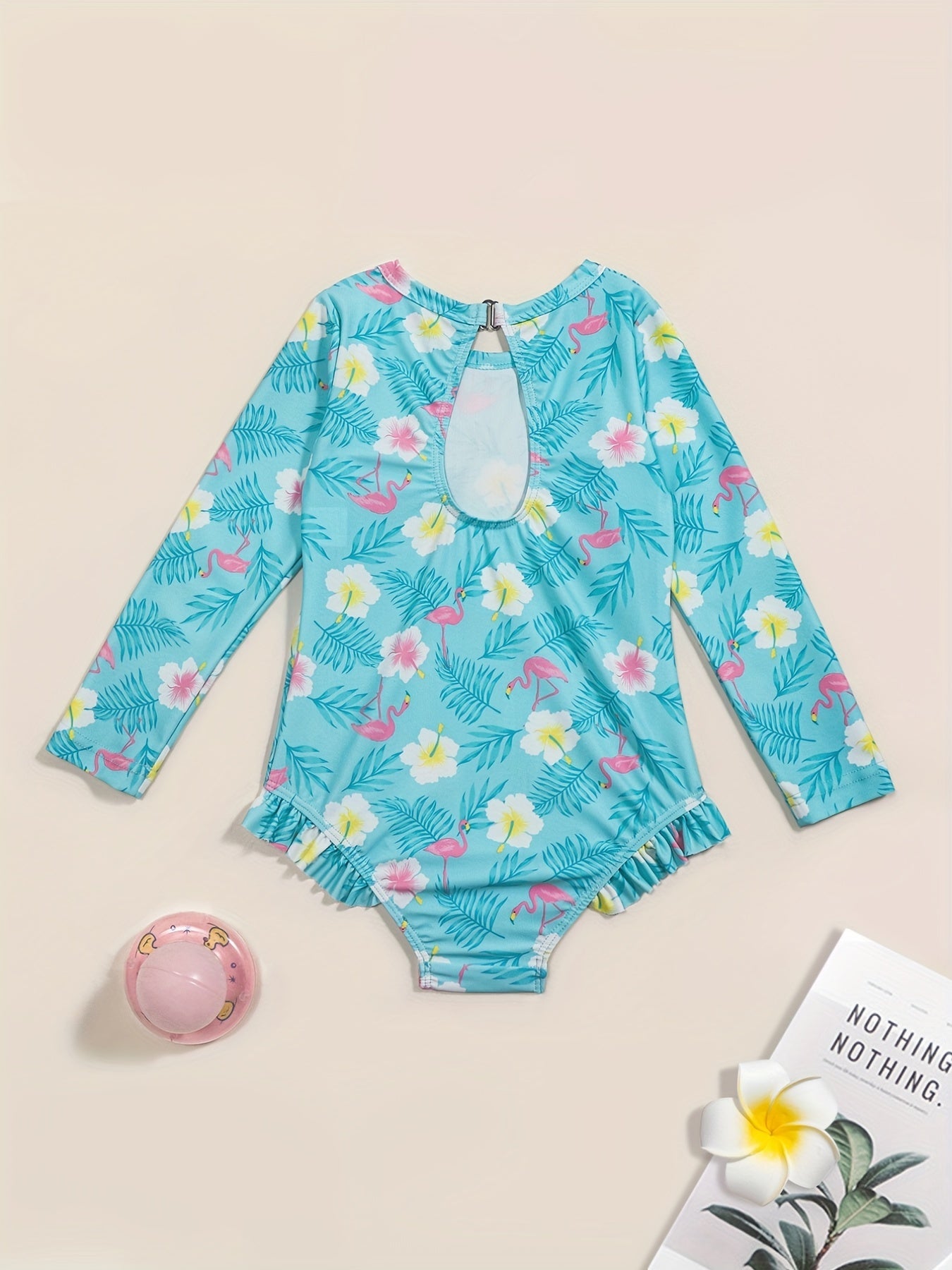 Girls One Piece Swimsuit Flamingo Tropical Flowers Long Sleeve