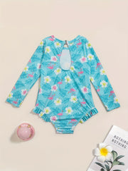 Girls One Piece Swimsuit Flamingo Tropical Flowers Long Sleeve