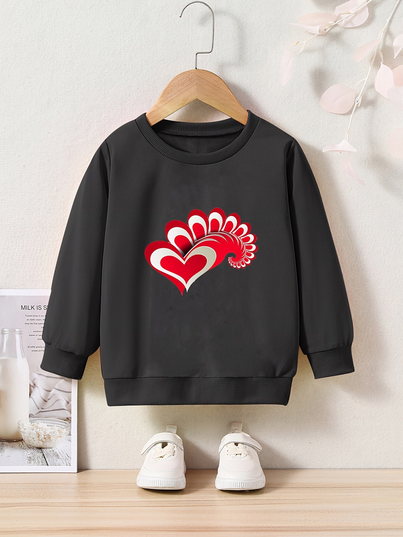 Love Heart Print Sweatshirt Girls Casual Graphic Crew Neck Pullover Sweatshirt