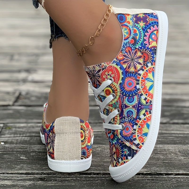 Ethnic Print Canvas Sneakers Lace Up Skate Shoes