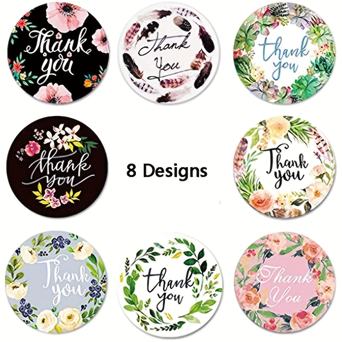500 Thank You Stickers - 8 Floral Designs - Self Adhesive Labels for Gift Wraps