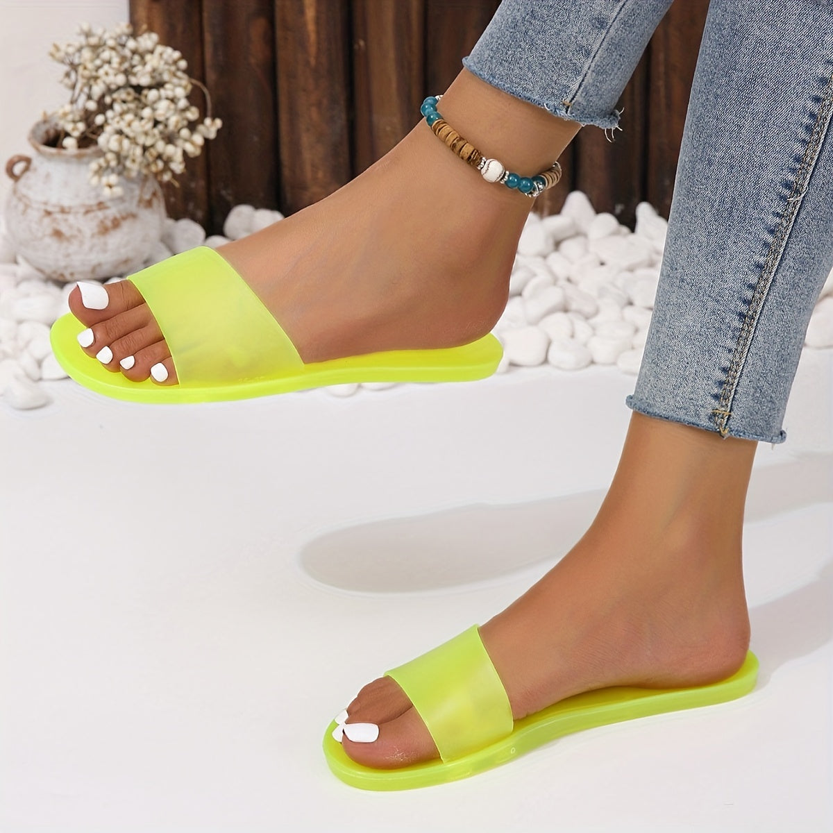 Women's Solid Slide Sandals Casual Jelly Flat Summer Shoes Lightweight