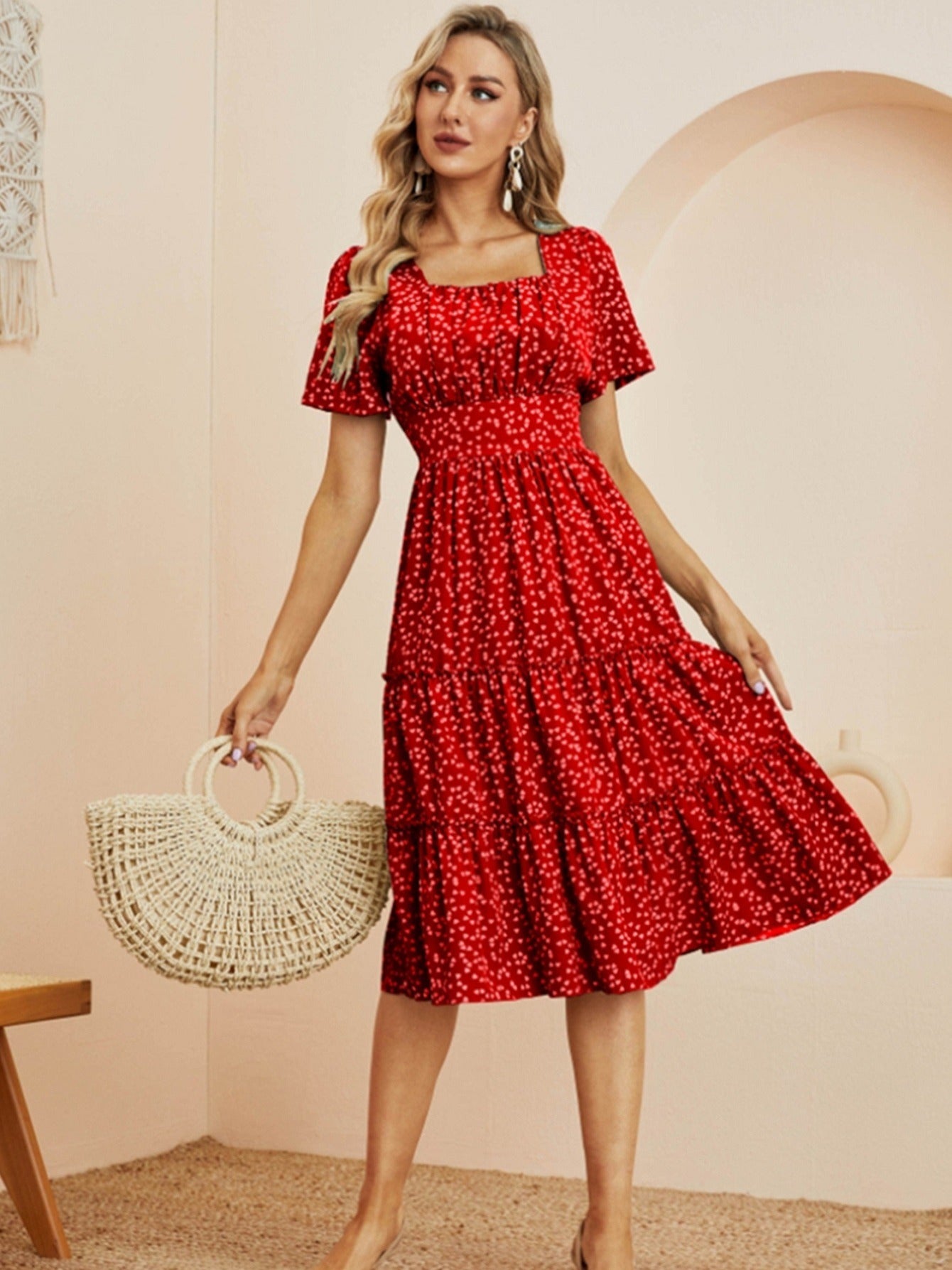 Heart Print Midi Dress Square Neck Drop Shoulder A Line Dress