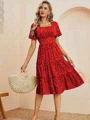 Heart Print Midi Dress Square Neck Drop Shoulder A Line Dress