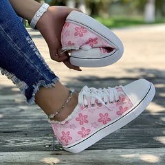 Women's Floral Print Canvas Sneakers Pink Low Top Flat Shoes