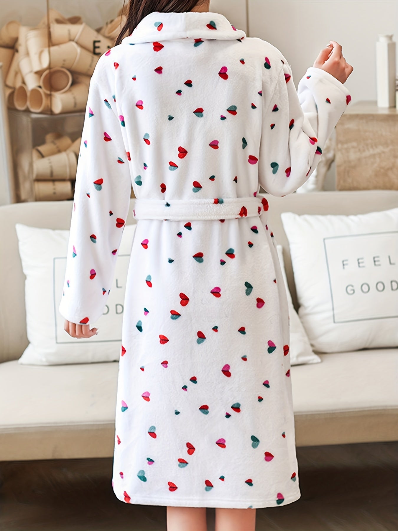 Heart Print Fuzzy Night Robe Long Sleeve Robe Women's Sleepwear