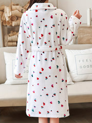 Heart Print Fuzzy Night Robe Long Sleeve Robe Women's Sleepwear