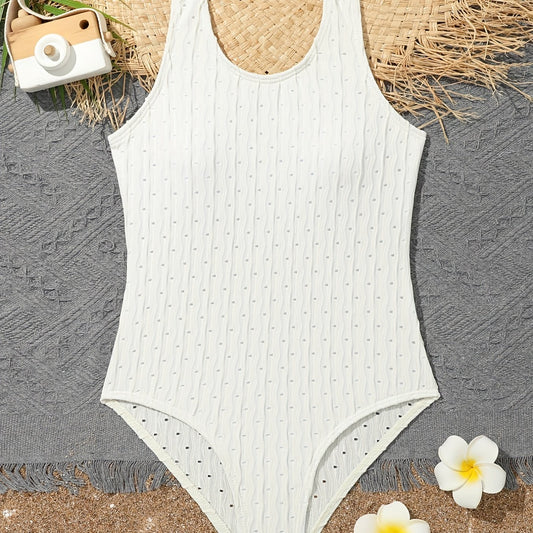 Girls One Piece Swimsuit Sleeveless Solid Textured Beach Vacation