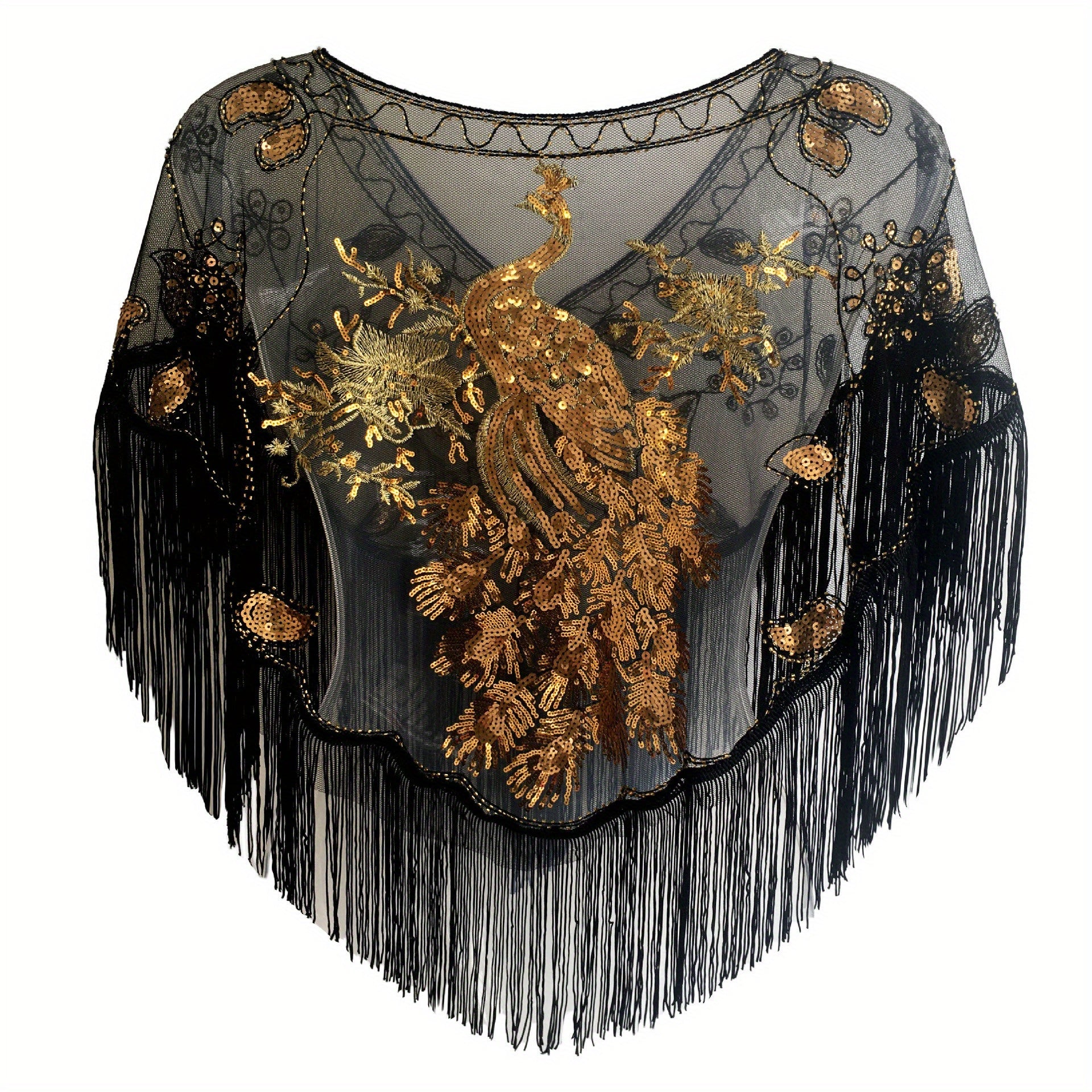 1920s Peacock Embroidery Tassel Shawl Sequin Beaded Wrap