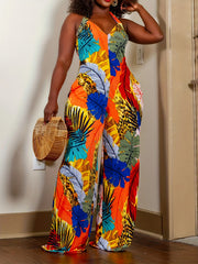 Tropical Print Wide Leg Jumpsuit Boho Backless Halter Jumpsuit