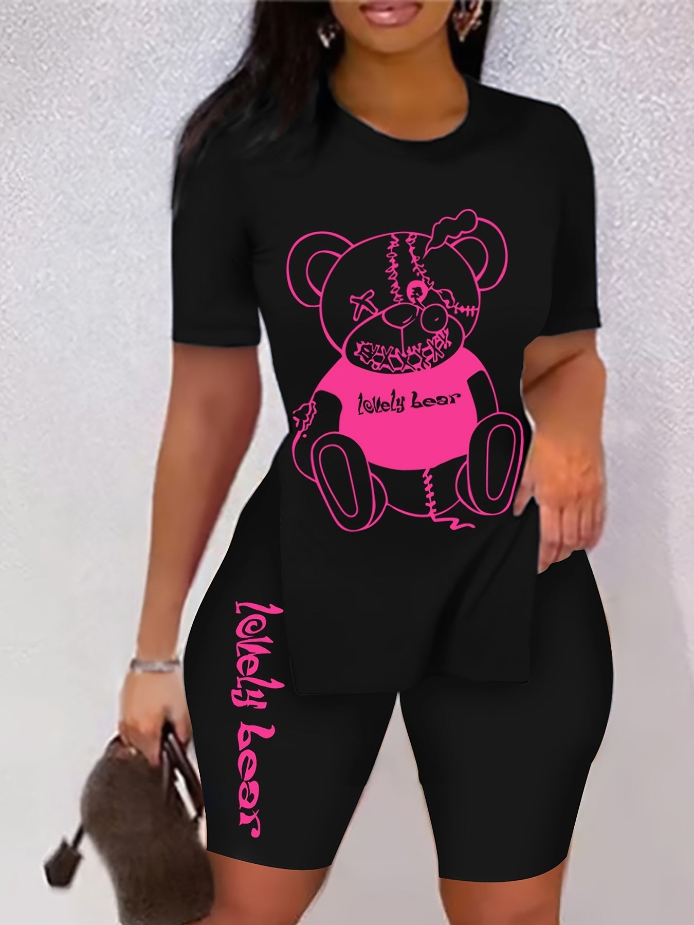 Teddy Bear Print Two piece Set Short Sleeve T Shirt & Workout Shorts