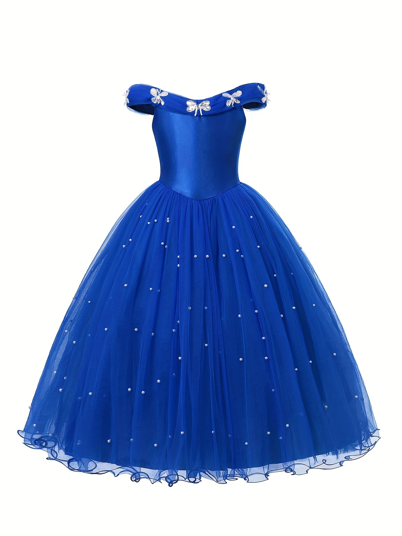 Girls Off Shoulder Tulle Princess Dress with Artificial Diamond and Pearl Decor