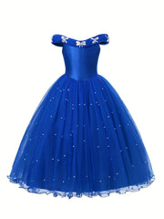 Girls Off Shoulder Tulle Princess Dress with Artificial Diamond and Pearl Decor