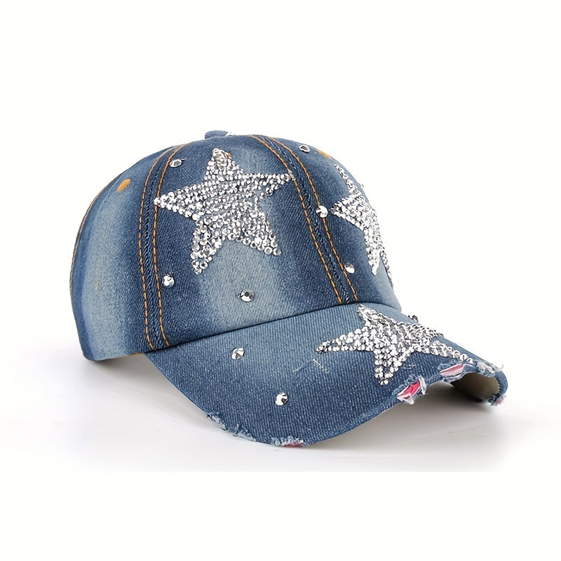 Five Pointed Star Inlaid Diamond Denim Baseball Cap