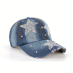 Five Pointed Star Inlaid Diamond Denim Baseball Cap