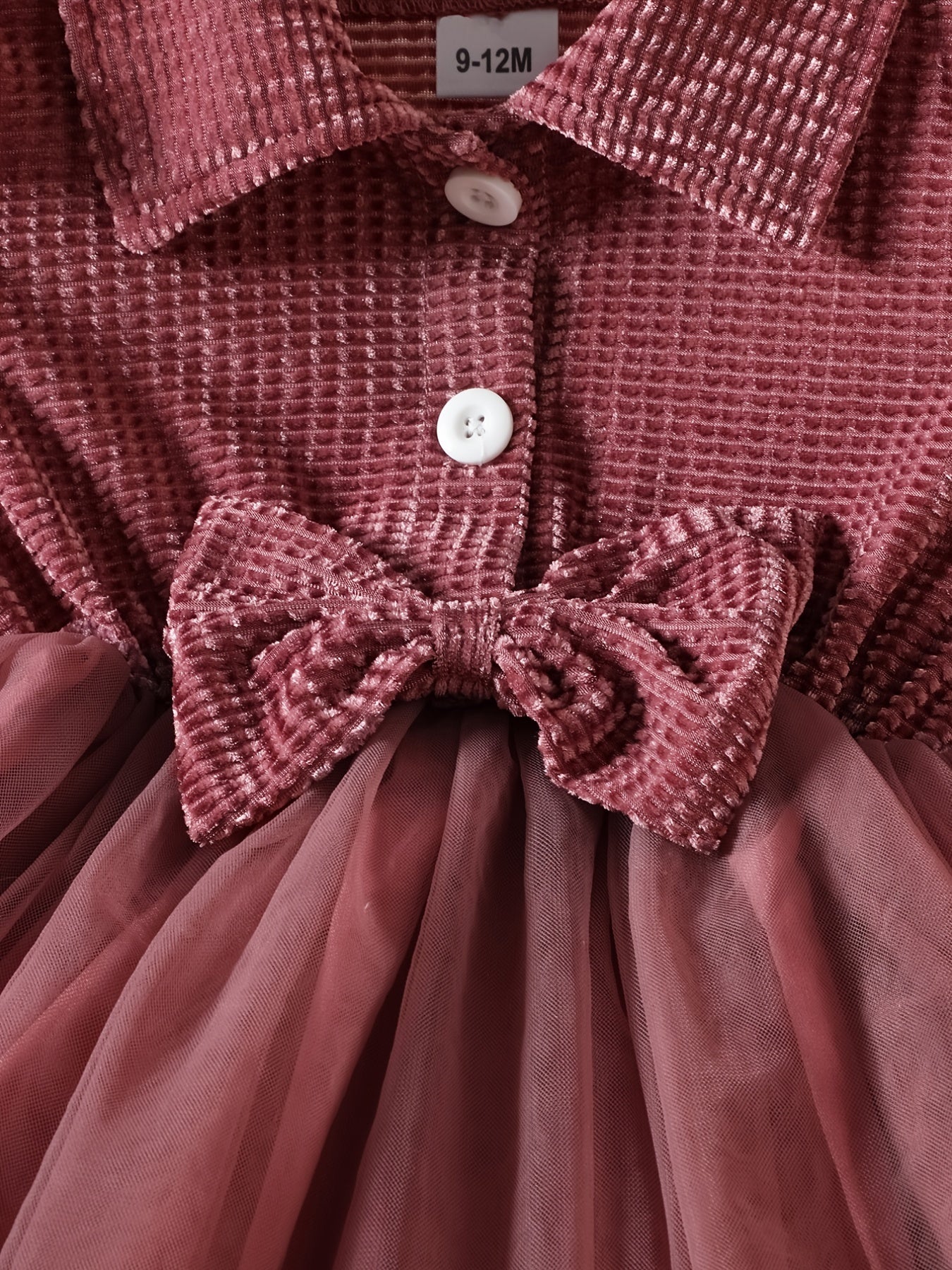 Baby Girls Long Sleeve Button Dress Bow Casual Mesh Dress