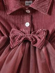Baby Girls Long Sleeve Button Dress Bow Casual Mesh Dress
