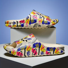 Men's Graffiti Print Non Slip Platform Slides