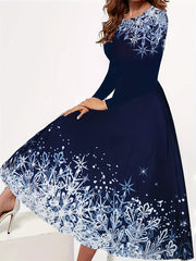 Women's Plus Snowflake Print Long Sleeve Maxi Dress