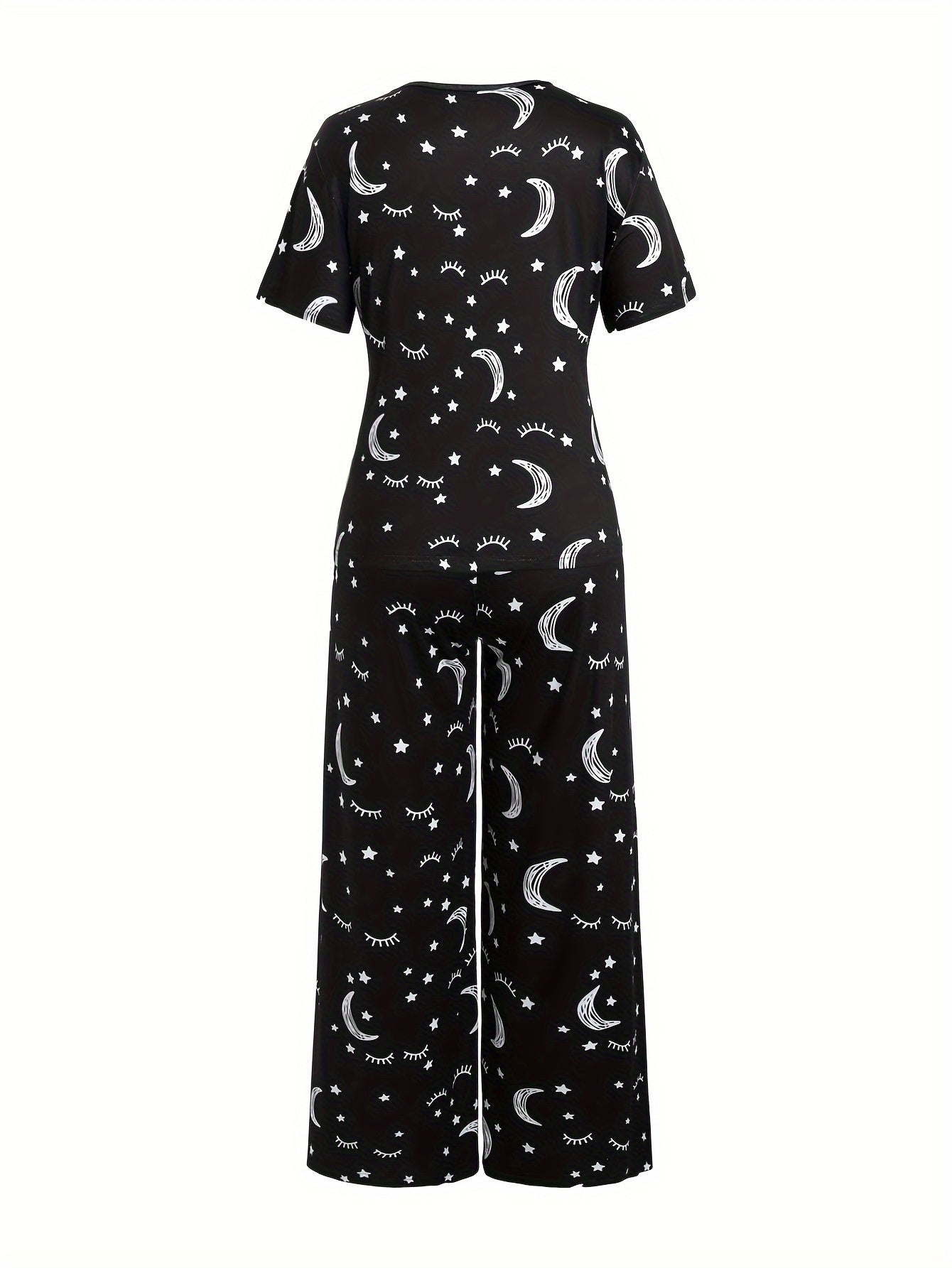 Sun & Moon Print Pajamas Set Short Sleeve Tee & Pants 2 Piece Set
