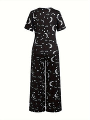 Sun & Moon Print Pajamas Set Short Sleeve Tee & Pants 2 Piece Set