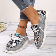 Women's Printed Canvas Lace-Up Loafers Casual Sneakers