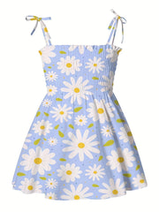 Girls Butterfly Graphic Shirred Puffy Cami Dress Summer Clothes