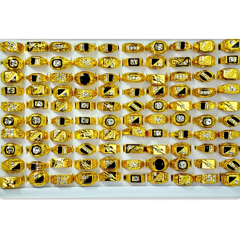 Vintage Classic Golden Crystal Metal Ring Wide Wedding Party Men Jewelry