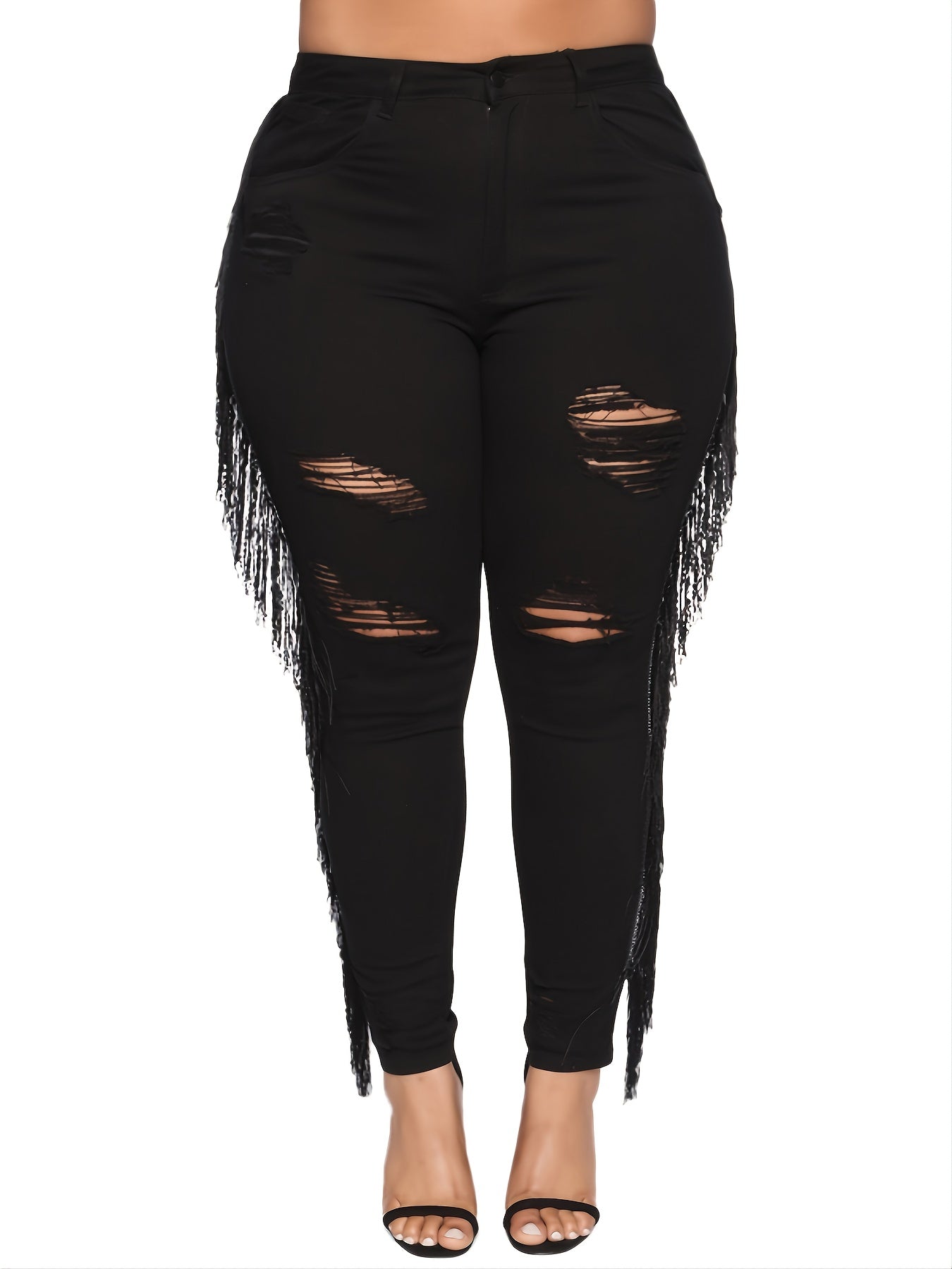 Ripped High Rise Fringe Skinny Jeans